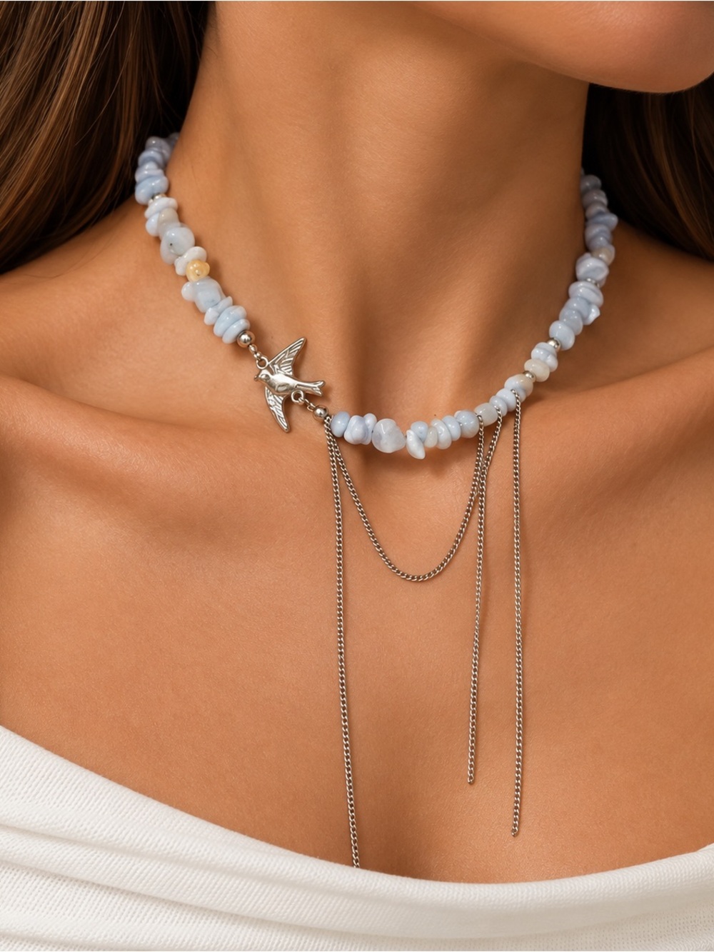 Silver Swallow Pendant Beaded Necklace